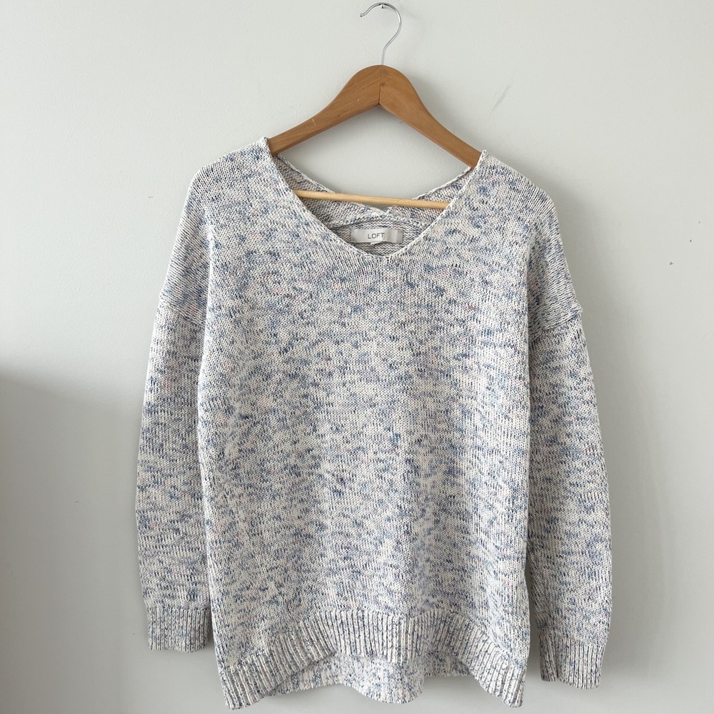 Loft Women's Multicolor Woven Knit Sweater Size Large Pullover V Neck